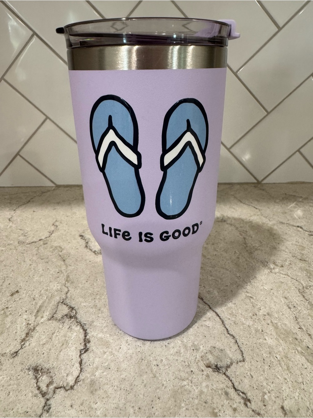 Life Is Good Lavender Tumbler with Blue Flip-Flop Graphic
